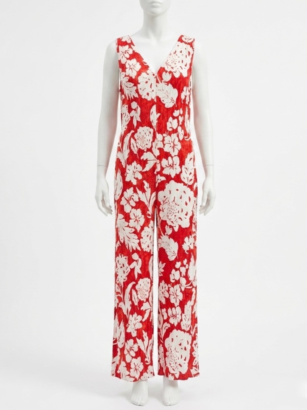 Mango MNG Red & White Floral Wide Leg Jumpsuit XL Textured V-Neck Flowy & Light